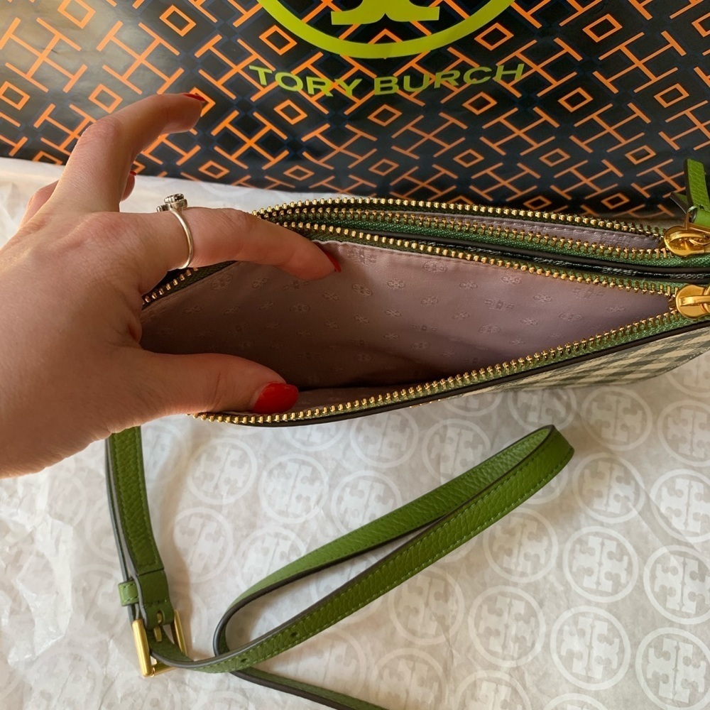 Tory Burch Blake Printed Double Zip Slim Crossbody Springham Green gingham - Picture 9 of 12